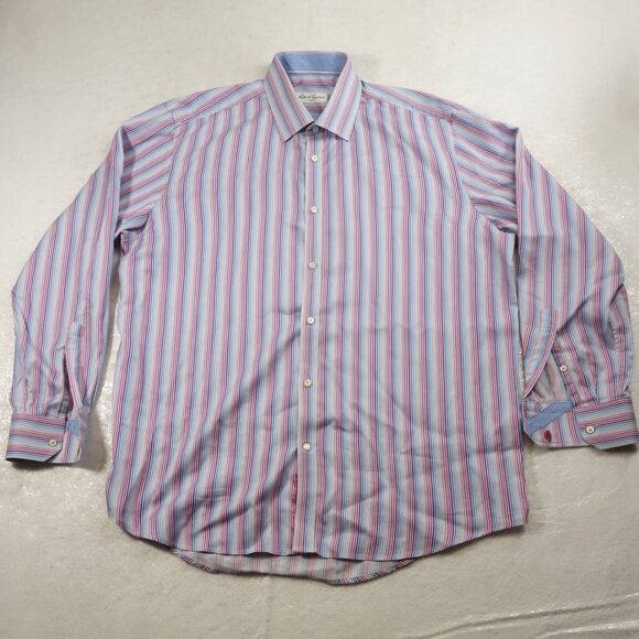 Robert Graham Shirt Mens 17.5 2XL 44 Pink Blue Button Up Dress Striped - Picture 1 of 13